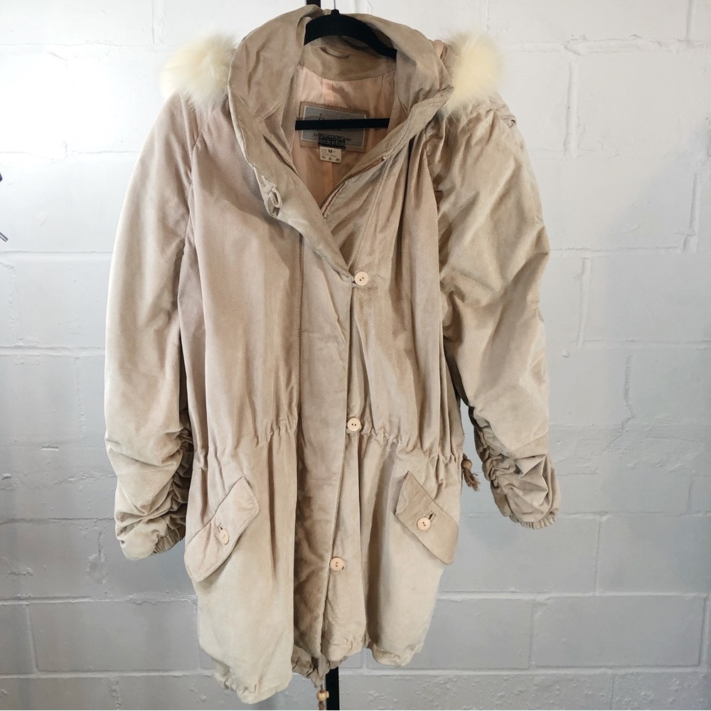 Image by Begedor Italia Hooded Leather Coat Size M Beige Ruched Sleeves